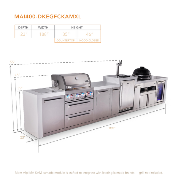 Mont Alpi 4-Burner Deluxe Series Outdoor Kitchen Island With Kegerator, Kamado Module And Corner Fridge Module Plus Extra Storage Cabinet