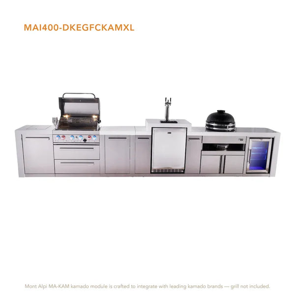 Mont Alpi 4-Burner Deluxe Series Outdoor Kitchen Island With Kegerator, Kamado Module And Corner Fridge Module Plus Extra Storage Cabinet