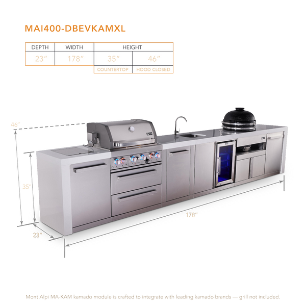 Mont Alpi 4-Burner Deluxe Series Outdoor Kitchen Island With Beverage Center And Kamado Module