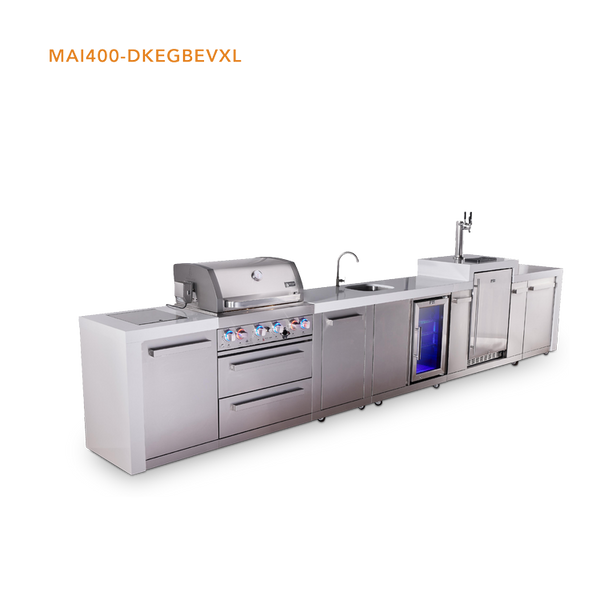 Mont Alpi 4 Burner Deluxe Series Outdoor Kitchen Island with Beverage Center and Kegerator Module Plus Extra Storage Cabinet - MAi400-DKEGBEVXL