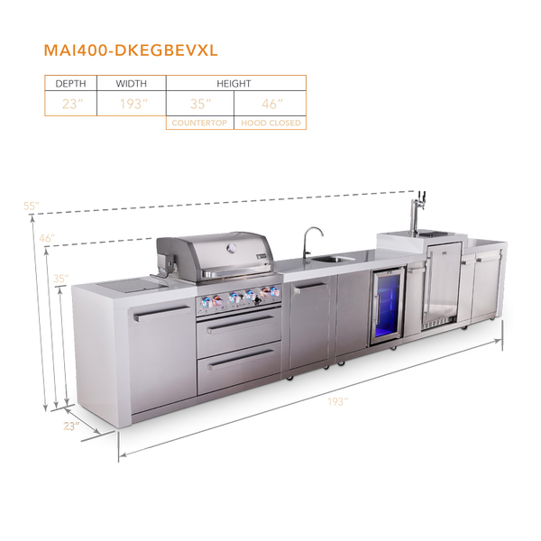 Mont Alpi 4 Burner Deluxe Series Outdoor Kitchen Island with Beverage Center and Kegerator Module Plus Extra Storage Cabinet - MAi400-DKEGBEVXL