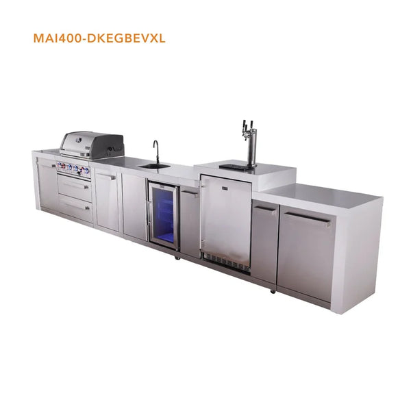 Mont Alpi 4 Burner Deluxe Series Outdoor Kitchen Island with Beverage Center and Kegerator Module Plus Extra Storage Cabinet - MAi400-DKEGBEVXL