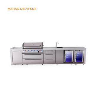 Mont Alpi 6-Burner Deluxe Series Outdoor Kitchen Island With Beverage Center And Corner Fridge Module Plus Extra Drawer Slides Cabinet - MAi805-DBEVFCDR