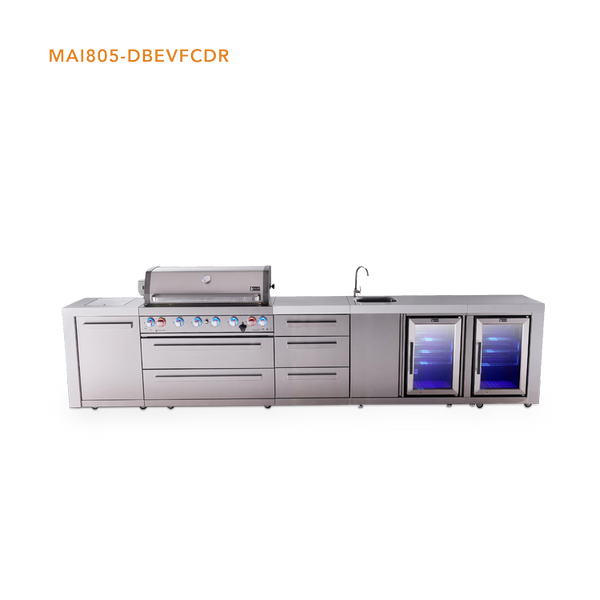 Mont Alpi 6-Burner Deluxe Series Outdoor Kitchen Island With Beverage Center And Corner Fridge Module Plus Extra Drawer Slides Cabinet - MAi805-DBEVFCDR