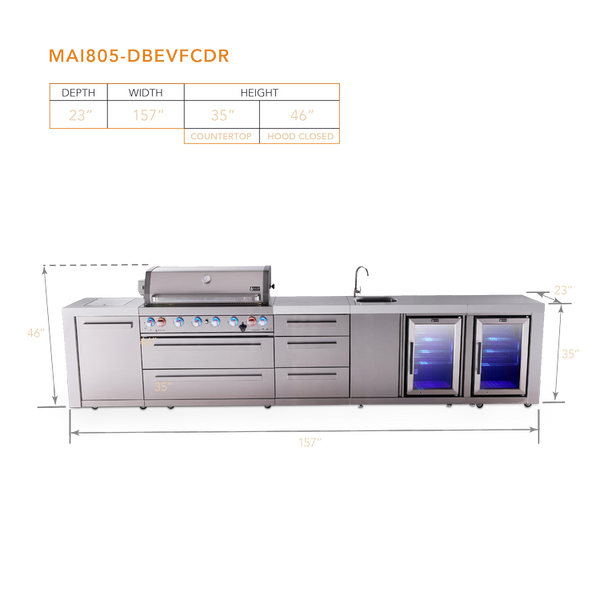 Mont Alpi 6-Burner Deluxe Series Outdoor Kitchen Island With Beverage Center And Corner Fridge Module Plus Extra Drawer Slides Cabinet - MAi805-DBEVFCDR