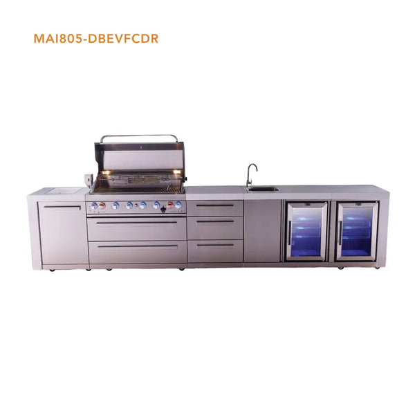 Mont Alpi 6-Burner Deluxe Series Outdoor Kitchen Island With Beverage Center And Corner Fridge Module Plus Extra Drawer Slides Cabinet - MAi805-DBEVFCDR
