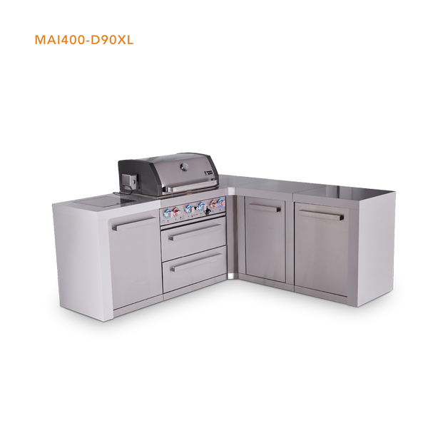 Mont Alpi 4-Burner L-Shaped Deluxe Series Outdoor Kitchen Island with Extra Storage Cabinet Module - MAi400-D90XL
