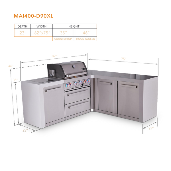 Mont Alpi 4-Burner L-Shaped Deluxe Series Outdoor Kitchen Island with Extra Storage Cabinet Module - MAi400-D90XL