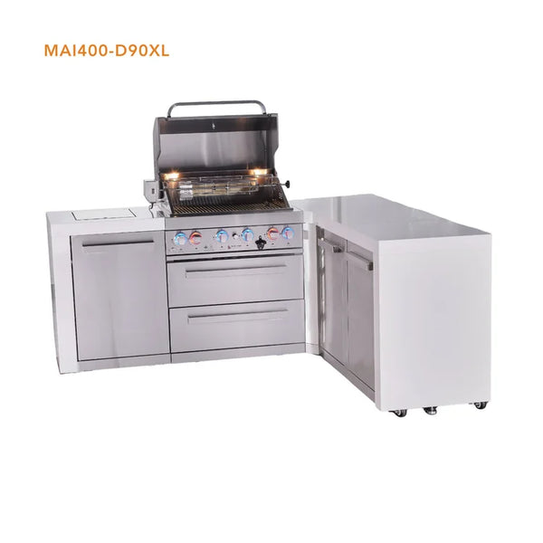 Mont Alpi 4-Burner L-Shaped Deluxe Series Outdoor Kitchen Island with Extra Storage Cabinet Module - MAi400-D90XL