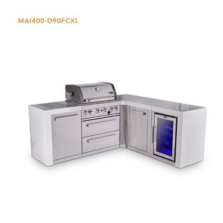 Mont Alpi 4-Burner L-Shaped Deluxe Series Outdoor Kitchen Island with fridge and Extra Storage Cabinet Module - MAi400-D90FCXL