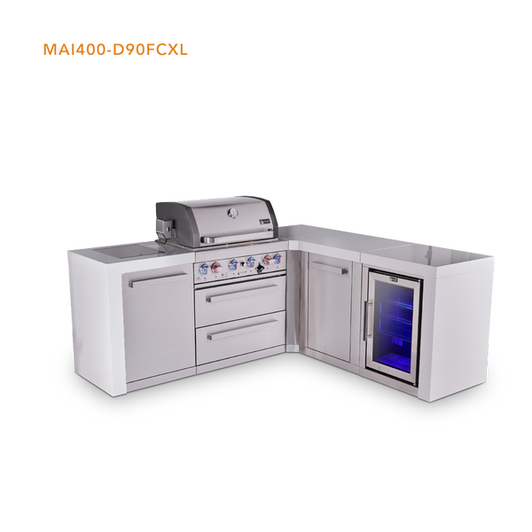 Mont Alpi 4-Burner L-Shaped Deluxe Series Outdoor Kitchen Island with fridge and Extra Storage Cabinet Module - MAi400-D90FCXL