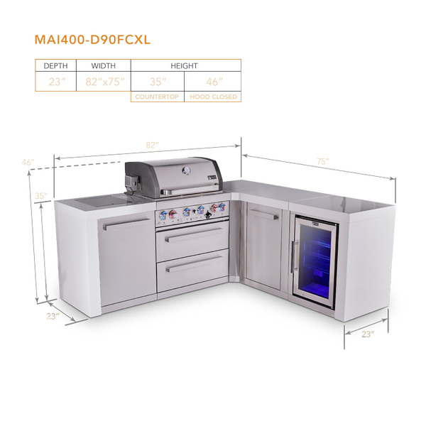 Mont Alpi 4-Burner L-Shaped Deluxe Series Outdoor Kitchen Island with fridge and Extra Storage Cabinet Module - MAi400-D90FCXL