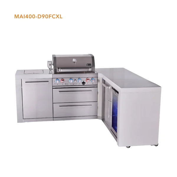 Mont Alpi 4-Burner L-Shaped Deluxe Series Outdoor Kitchen Island with fridge and Extra Storage Cabinet Module - MAi400-D90FCXL