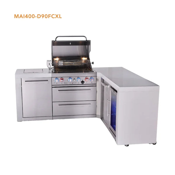 Mont Alpi 4-Burner L-Shaped Deluxe Series Outdoor Kitchen Island with fridge and Extra Storage Cabinet Module - MAi400-D90FCXL
