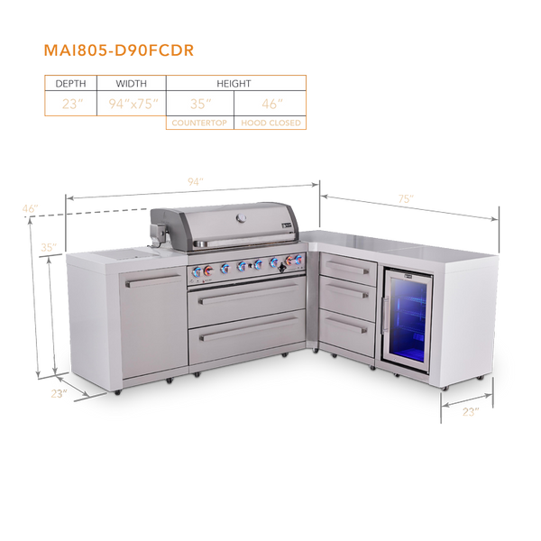 Mont Alpi 6 Burner L Shaped Deluxe Series Outdoor Kitchen Island with Corner Fridge and Extra Drawer Slides Cabinet