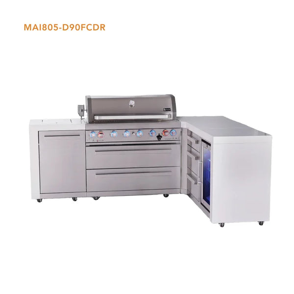 Mont Alpi 6 Burner L Shaped Deluxe Series Outdoor Kitchen Island with Corner Fridge and Extra Drawer Slides Cabinet