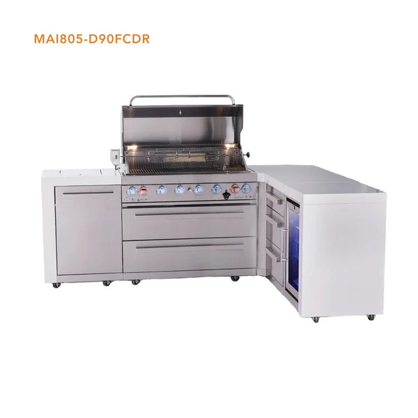 Mont Alpi 6 Burner L Shaped Deluxe Series Outdoor Kitchen Island with Corner Fridge and Extra Drawer Slides Cabinet