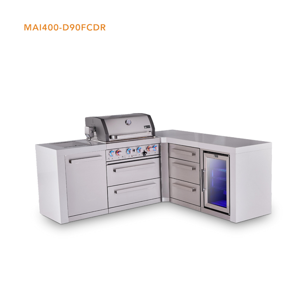 Mont Alpi 4-Burner L-Shaped Deluxe Series Outdoor Kitchen Island With Corner Fridge And Extra Drawer Slides Cabinet Module - MAi400-D90FCDR