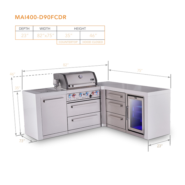 Mont Alpi 4-Burner L-Shaped Deluxe Series Outdoor Kitchen Island With Corner Fridge And Extra Drawer Slides Cabinet Module - MAi400-D90FCDR