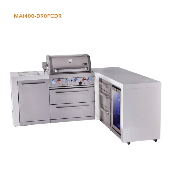 Mont Alpi 4-Burner L-Shaped Deluxe Series Outdoor Kitchen Island With Corner Fridge And Extra Drawer Slides Cabinet Module - MAi400-D90FCDR