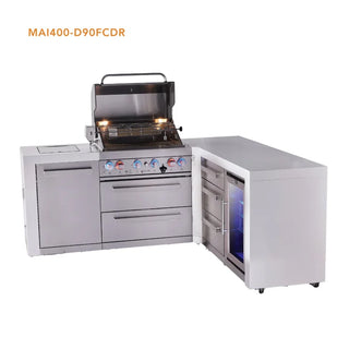 Mont Alpi 4-Burner L-Shaped Deluxe Series Outdoor Kitchen Island With Corner Fridge And Extra Drawer Slides Cabinet Module - MAi400-D90FCDR