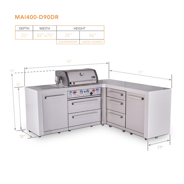 Mont Alpi 4-Burner L-Shaped Deluxe Series Outdoor Kitchen Island With Extra Drawer Slides Cabinet Module -  MAi400-D90DR