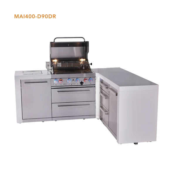 Mont Alpi 4-Burner L-Shaped Deluxe Series Outdoor Kitchen Island With Extra Drawer Slides Cabinet Module -  MAi400-D90DR