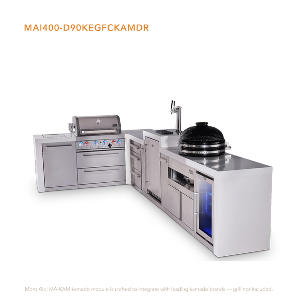 Mont Alpi 4-Burner L-Shaped Deluxe Series Outdoor Kitchen Island With Kegerator, Kamado And Corner Fridge Module - MAi400-D90KEGFCKAMDR
