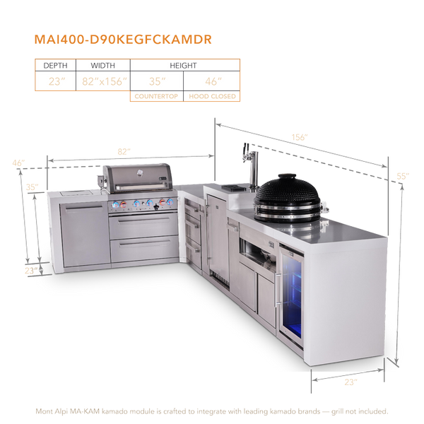 Mont Alpi 4-Burner L-Shaped Deluxe Series Outdoor Kitchen Island With Kegerator, Kamado And Corner Fridge Module - MAi400-D90KEGFCKAMDR