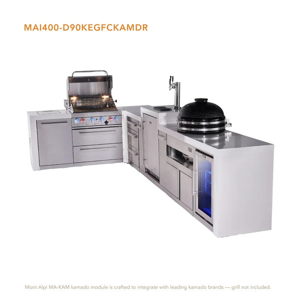 Mont Alpi 4-Burner L-Shaped Deluxe Series Outdoor Kitchen Island With Kegerator, Kamado And Corner Fridge Module - MAi400-D90KEGFCKAMDR