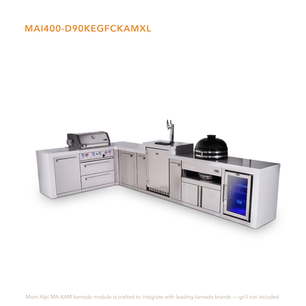 Mont Alpi 4-Burner L-Shaped Deluxe Series Outdoor Kitchen Island With Kegerator, Kamado And Corner Fridge Module Plus Extra Storage Cabinet