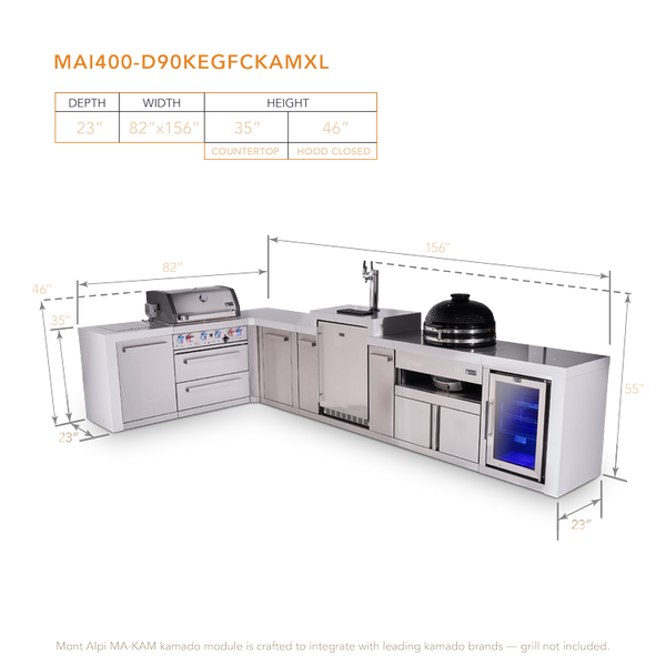 Mont Alpi 4-Burner L-Shaped Deluxe Series Outdoor Kitchen Island With Kegerator, Kamado And Corner Fridge Module Plus Extra Storage Cabinet