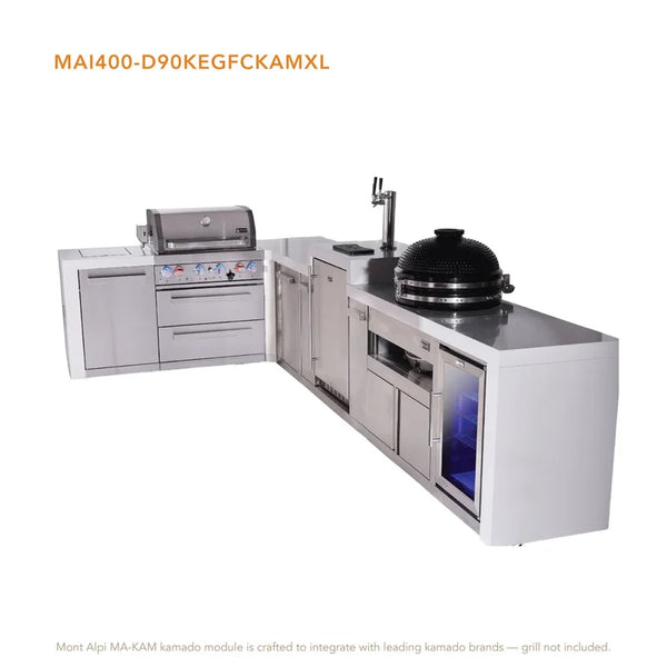 Mont Alpi 4-Burner L-Shaped Deluxe Series Outdoor Kitchen Island With Kegerator, Kamado And Corner Fridge Module Plus Extra Storage Cabinet