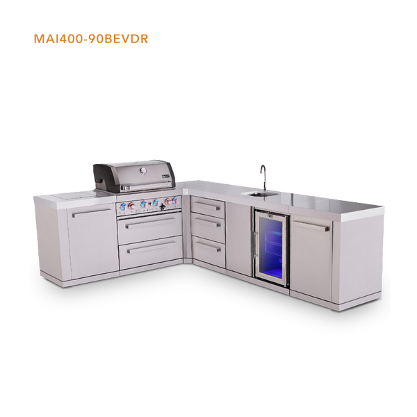 Mont Alpi 4-Burner L-Shaped Outdoor Kitchen Island With 90-Degree Beverage Center And Extra Drawer Slides Cabinet