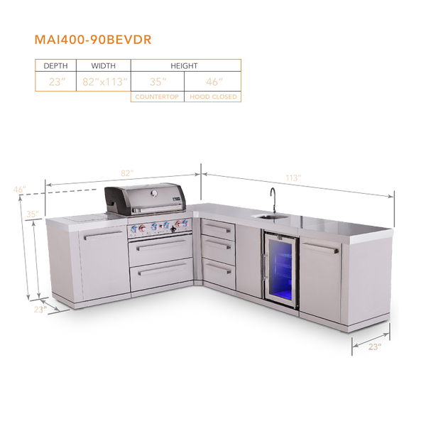 Mont Alpi 4-Burner L-Shaped Outdoor Kitchen Island With 90-Degree Beverage Center And Extra Drawer Slides Cabinet