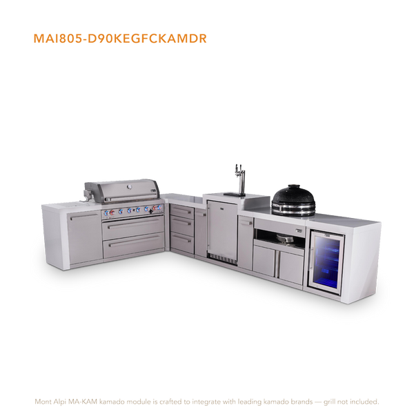 Mont Alpi 6-Burner L-Shaped Deluxe Series Outdoor Kitchen Island With Kegerator, Kamado And Corner Fridge Module Plus Extra Drawers Slide Cabinet - MAi805-D90KEGFCKAMDR
