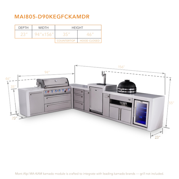 Mont Alpi 6-Burner L-Shaped Deluxe Series Outdoor Kitchen Island With Kegerator, Kamado And Corner Fridge Module Plus Extra Drawers Slide Cabinet - MAi805-D90KEGFCKAMDR