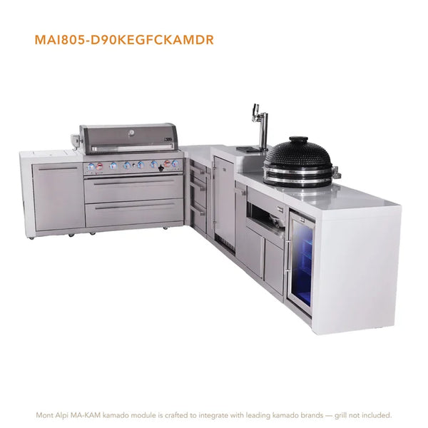 Mont Alpi 6-Burner L-Shaped Deluxe Series Outdoor Kitchen Island With Kegerator, Kamado And Corner Fridge Module Plus Extra Drawers Slide Cabinet - MAi805-D90KEGFCKAMDR