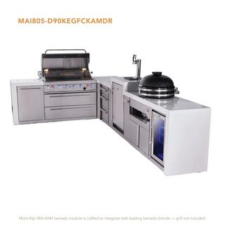 Mont Alpi 6-Burner L-Shaped Deluxe Series Outdoor Kitchen Island With Kegerator, Kamado And Corner Fridge Module Plus Extra Drawers Slide Cabinet - MAi805-D90KEGFCKAMDR