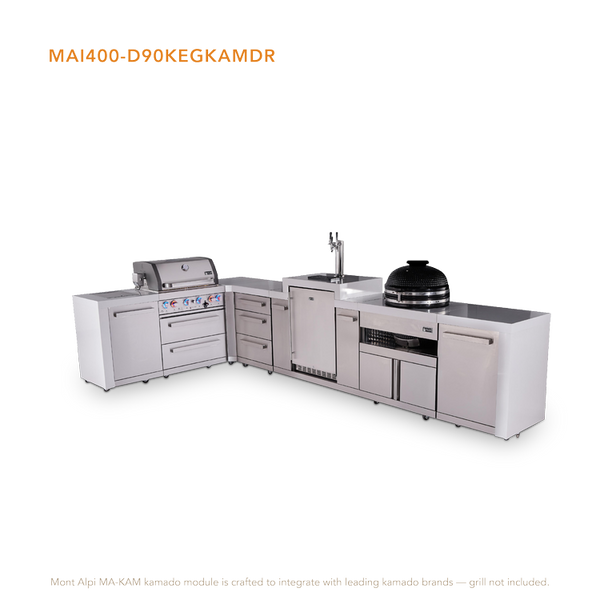 Mont Alpi 4-Burner Deluxe Series Outdoor Kitchen Island With Kegerator And Kamado Grill Module Plus Extra Storage Drawer Slides - MAi400-D90KEGKAMDR