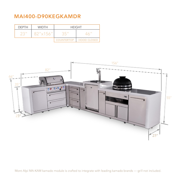 Mont Alpi 4-Burner Deluxe Series Outdoor Kitchen Island With Kegerator And Kamado Grill Module Plus Extra Storage Drawer Slides - MAi400-D90KEGKAMDR