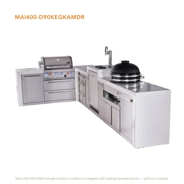 Mont Alpi 4-Burner Deluxe Series Outdoor Kitchen Island With Kegerator And Kamado Grill Module Plus Extra Storage Drawer Slides - MAi400-D90KEGKAMDR