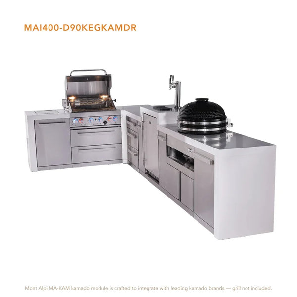 Mont Alpi 4-Burner Deluxe Series Outdoor Kitchen Island With Kegerator And Kamado Grill Module Plus Extra Storage Drawer Slides - MAi400-D90KEGKAMDR