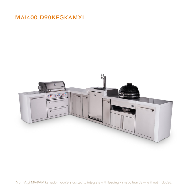 Mont Alpi 4-Burner L-Shaped Deluxe Series Outdoor Kitchen Island With Kegerator, Kamado And Extra Storage Cabinet