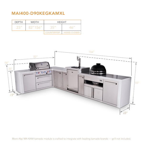 Mont Alpi 4-Burner L-Shaped Deluxe Series Outdoor Kitchen Island With Kegerator, Kamado And Extra Storage Cabinet