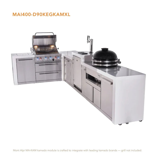 Mont Alpi 4-Burner L-Shaped Deluxe Series Outdoor Kitchen Island With Kegerator, Kamado And Extra Storage Cabinet
