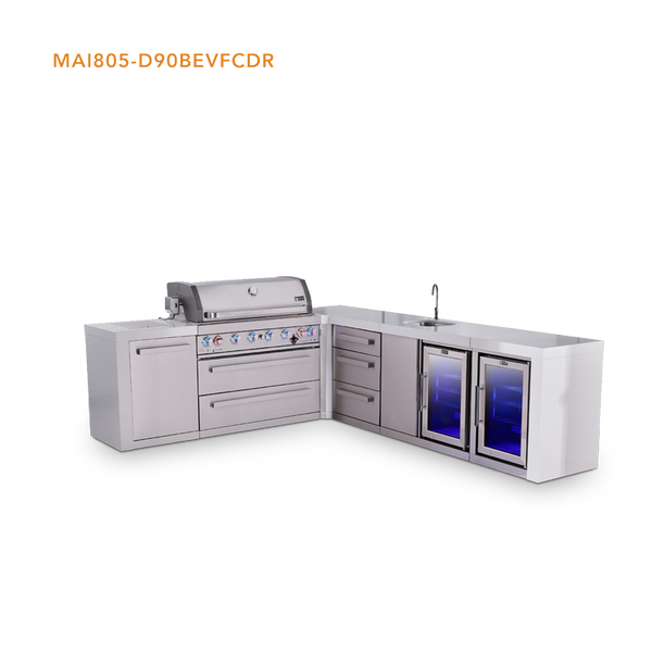 Mont Alpi 6-Burner L-Shaped Deluxe Series Outdoor Kitchen Island With Beverage Center, Corner Fridge & Extra Drawer Slides Cabinet