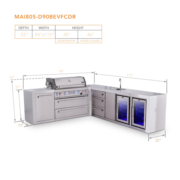 Mont Alpi 6-Burner L-Shaped Deluxe Series Outdoor Kitchen Island With Beverage Center, Corner Fridge & Extra Drawer Slides Cabinet