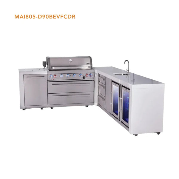 Mont Alpi 6-Burner L-Shaped Deluxe Series Outdoor Kitchen Island With Beverage Center, Corner Fridge & Extra Drawer Slides Cabinet