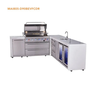 Mont Alpi 6-Burner L-Shaped Deluxe Series Outdoor Kitchen Island With Beverage Center, Corner Fridge & Extra Drawer Slides Cabinet